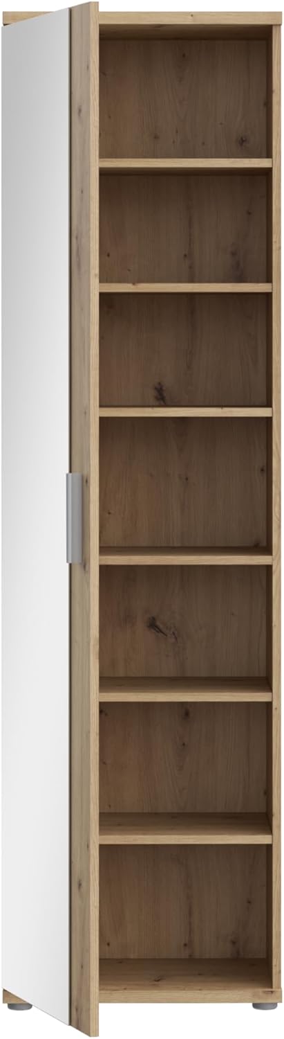 FORTE NET106 Armario 50, zapatero, armario ropero, trastero, armario de puertas batientes, 1 puerta con estantes, espejo, acabado de madera: roble artesano, 50 cm de ancho x 180 cm de alto x 35 cm de fondo