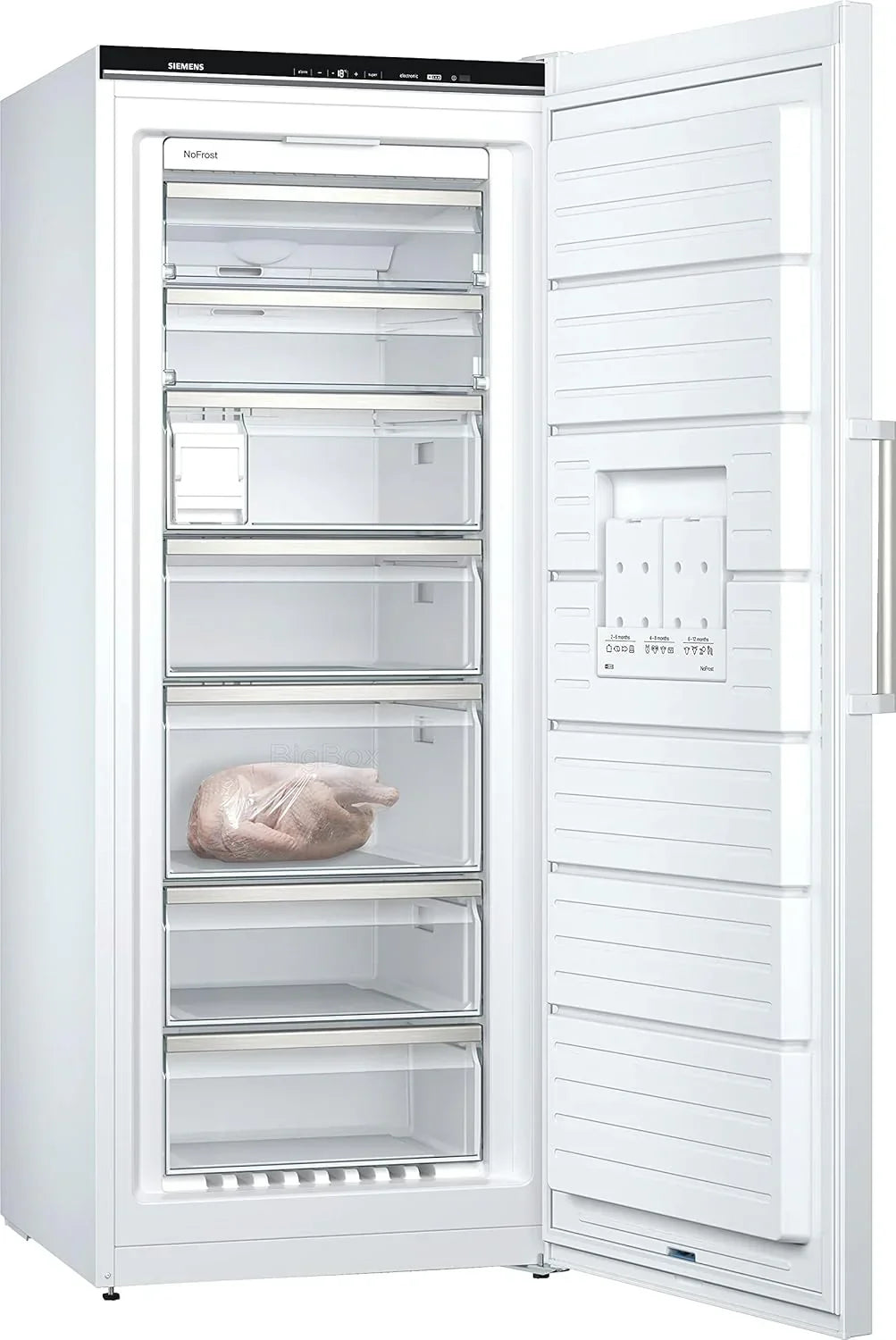 Congelador Siemens GS54NAWCV iQ500, 176 x 70 cm, 327 L, noFrost nunca más volver a descongelar, bigBox espacio para alimentos congelados grandes, varioZone estantes y cajones de cristal flexibles, Blanco