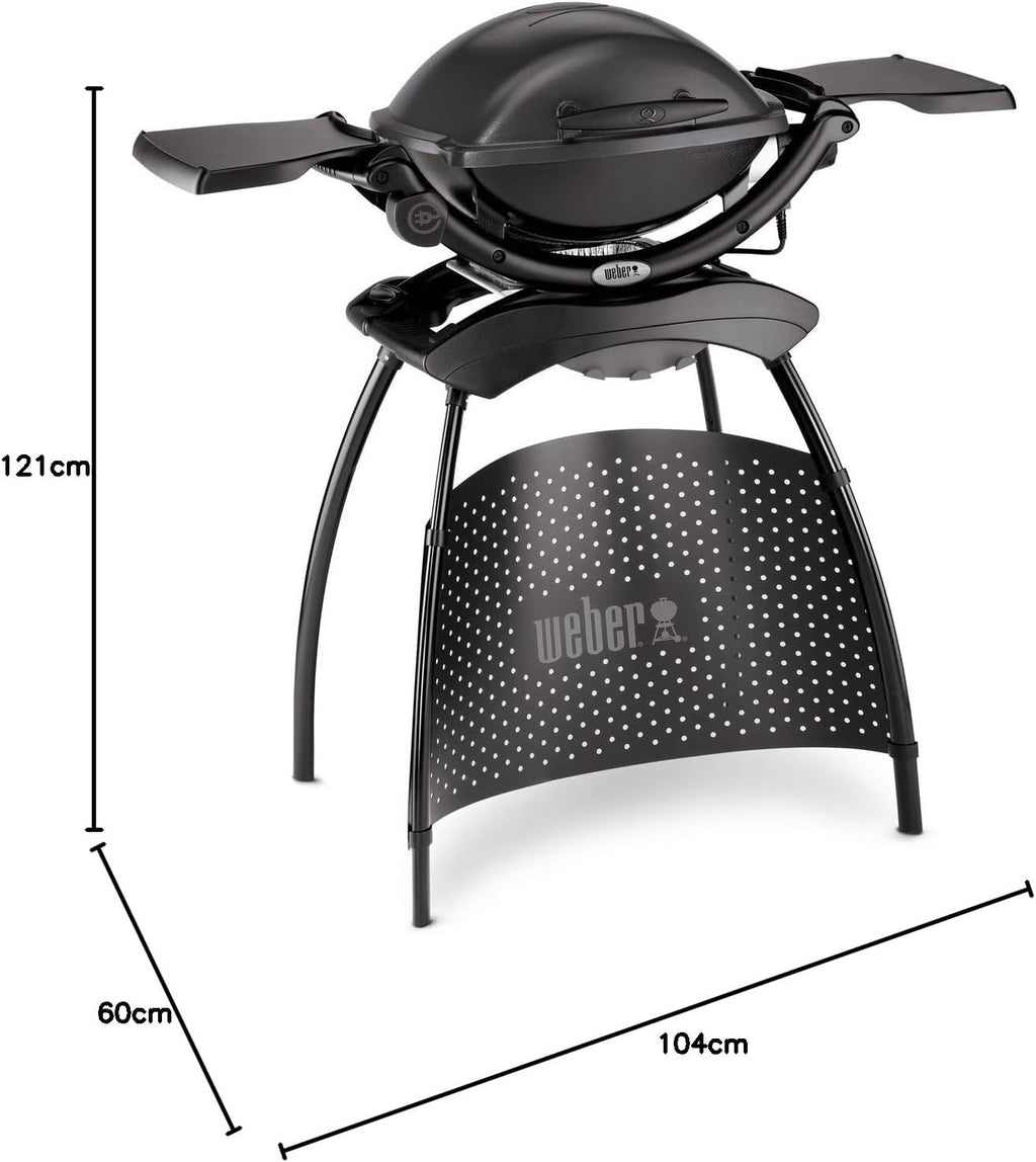 Barbacoa eléctrica Weber Q1400 con soporte, superficie de cocción de 43 x 32 cm, barbacoa portátil, parrilla de cocción de hierro fundido vitrificado dividida en 2, tapa y cuerpo de aluminio colado - Gris oscuro (52020879)