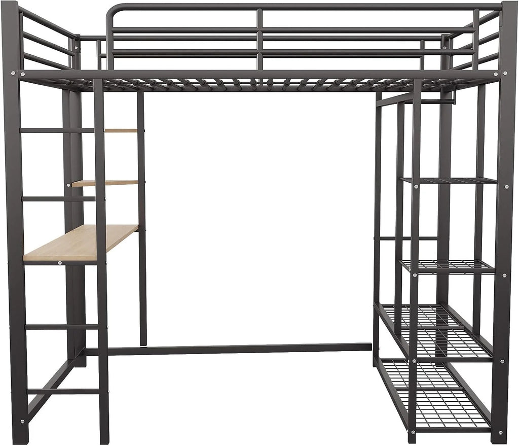 Dolamaní Łóżko piętrowe 90 x 200 cm, z biurkiem i regałem, dla młodzieży i dorosłych, nośność 120 kg, metalowe łóżko ze stelażem ze stelażem, stabilne i otwarte miejsce do zawieszenia, czarne