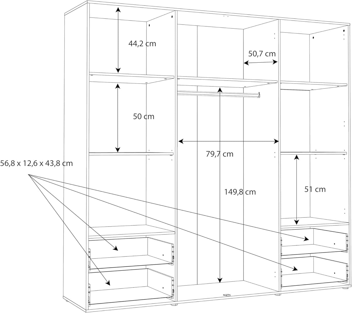 Armario FORTE Jupiter 200 210, armario ropero, armario de puertas batientes, 4 puertas, con 4 cajones y estantes, negro con decoración de madera: roble Catania, 206 cm de ancho x 53 cm de profundidad x 200 cm de alto