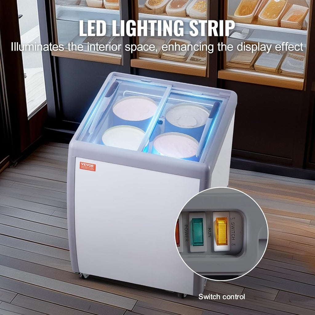 Vitrina comercial para helados VEVOR, arcón congelador de 158 L, congelador móvil con tapa de cristal, vitrina para heladería de restaurante con 4 recipientes grandes, 2 puertas correderas de cristal, ruedas bloqueables, blanco