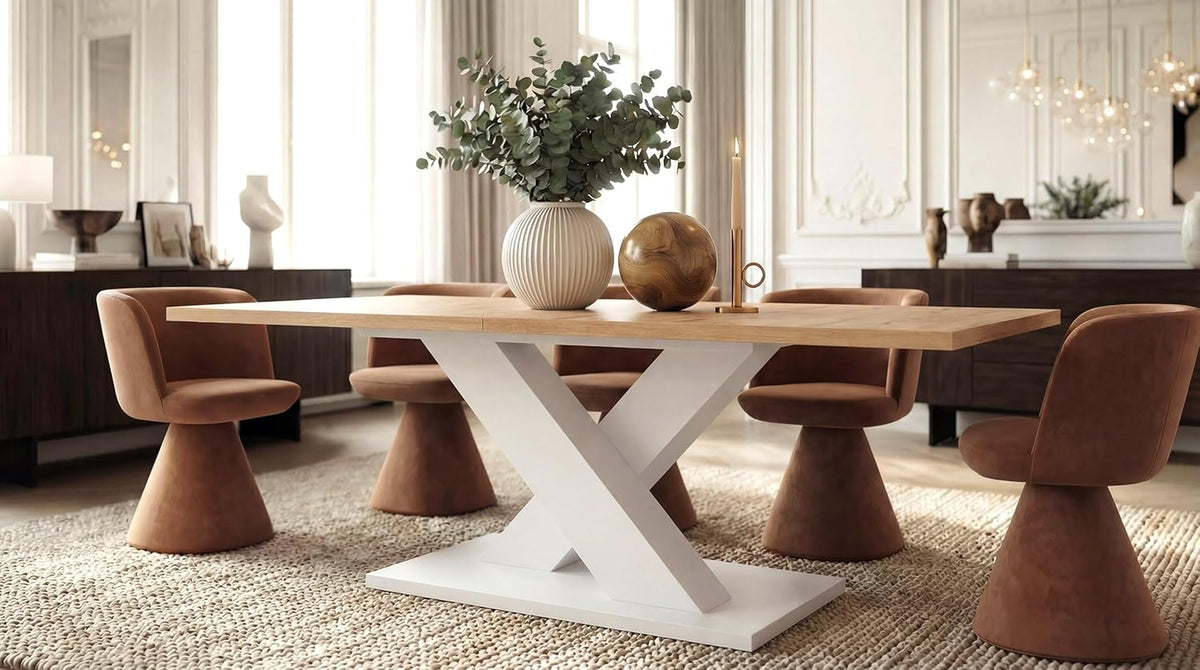 Mesa de comedor extensible Newroom blanco roble silvestre, moderna - 150x76x90 cm (ancho x alto x fondo) - mesa de cocina, mesa de comedor - comedor, cocina, salón