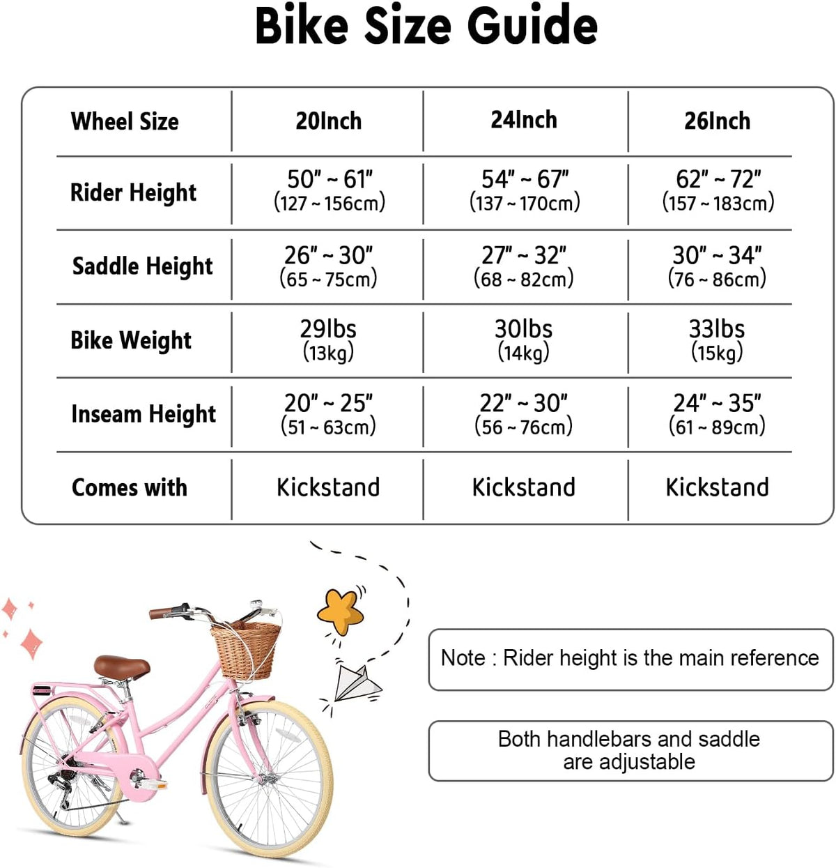 Glerc Missy 20, 24, 26 pulgadas bicicleta híbrida urbana tipo crucero para niñas, de 6 velocidades, con cesta de mimbre, para jóvenes mayores de 6 años, varios colores