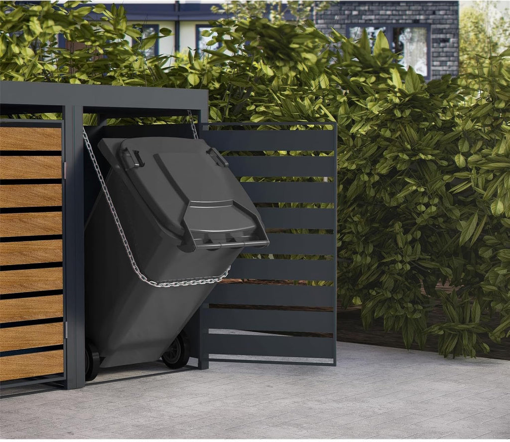 Caja para 2 cubos de basura Metzler de 240L en antracita y efecto madera con techo para plantas y franjas visuales, revestimiento para 2 cubos con tapa automática, caseta para basura de acero con recubrimiento en polvo inoxidable, con cerradura