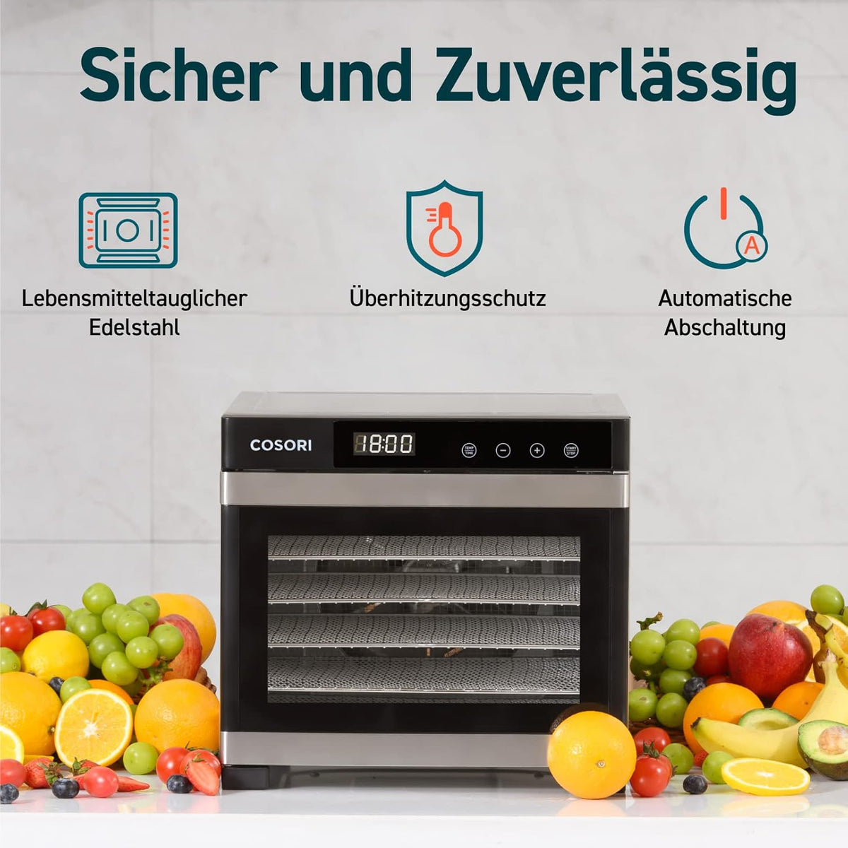 Deshidratador de alimentos COSORI de acero inoxidable, con 50 recetas, incluye 6 bandejas de acero inoxidable, 3 rejillas de secado, 3 láminas para deshidratar, gran superficie de 0,6 m², temporizador de 48 horas, pantalla LED (35°-75°C) y 650 W