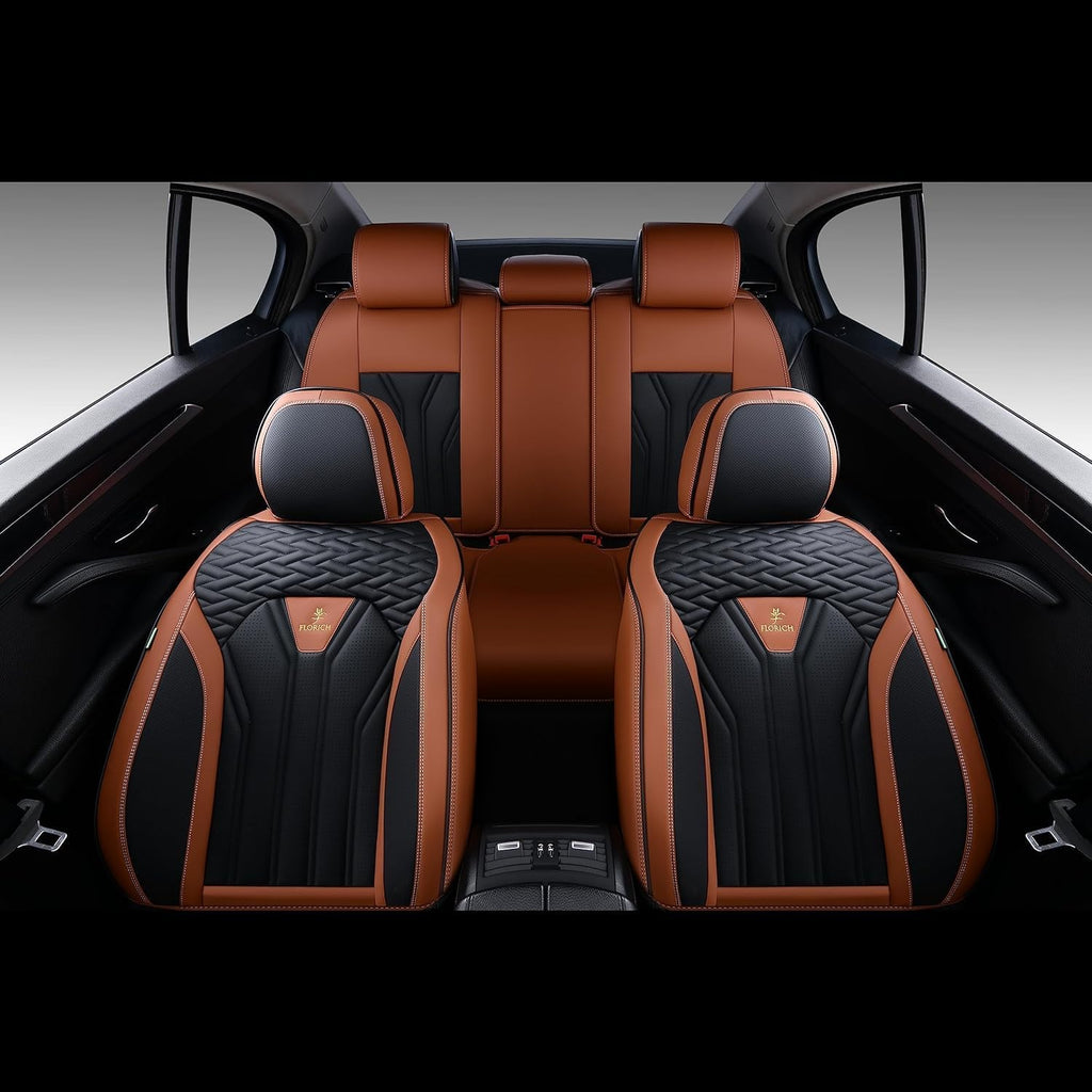 Fundas de asiento trasero FLORICH, fundas de asiento de coche de piel, protector de asiento trasero impermeable, cojín de asiento universal para la mayoría de coches, camionetas y SUV - Marrón y negro