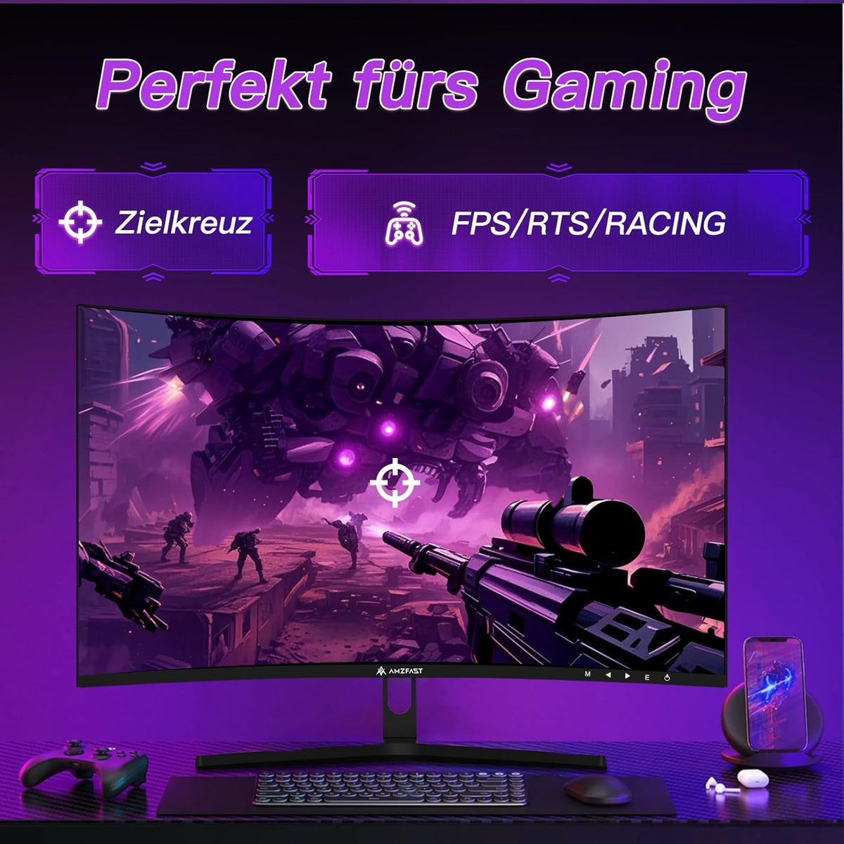 Monitor Gaming Curvo Amzfast de 32 pulgadas, 240Hz, FHD, 1ms MPRT, Adaptive Sync, sRGB 120%, HDR, Sin parpadeo, Luz azul baja, HDMI 2.0/DP 1.4, VESA 75x75, AMZG32C3F