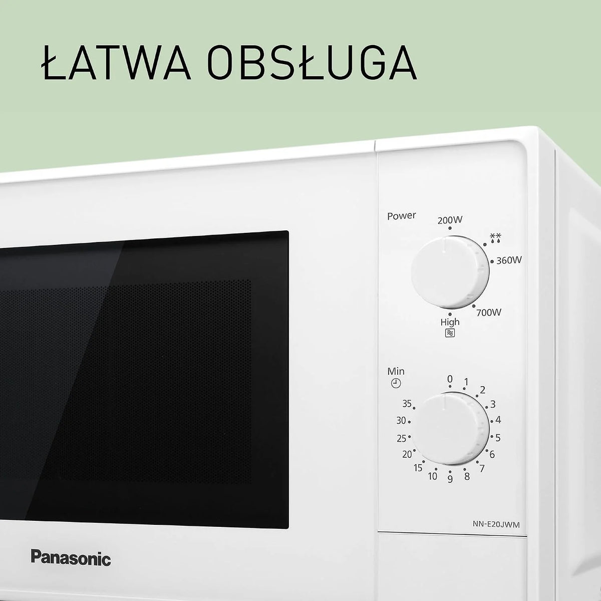 Panasonic NN-E20JWMEBG Kuchenka mikrofalowa ze szklanym talerzem obrotowym, 20 L, 800 W, ustawienie rozmrażania, 5 poziomów mocy, timer, biała