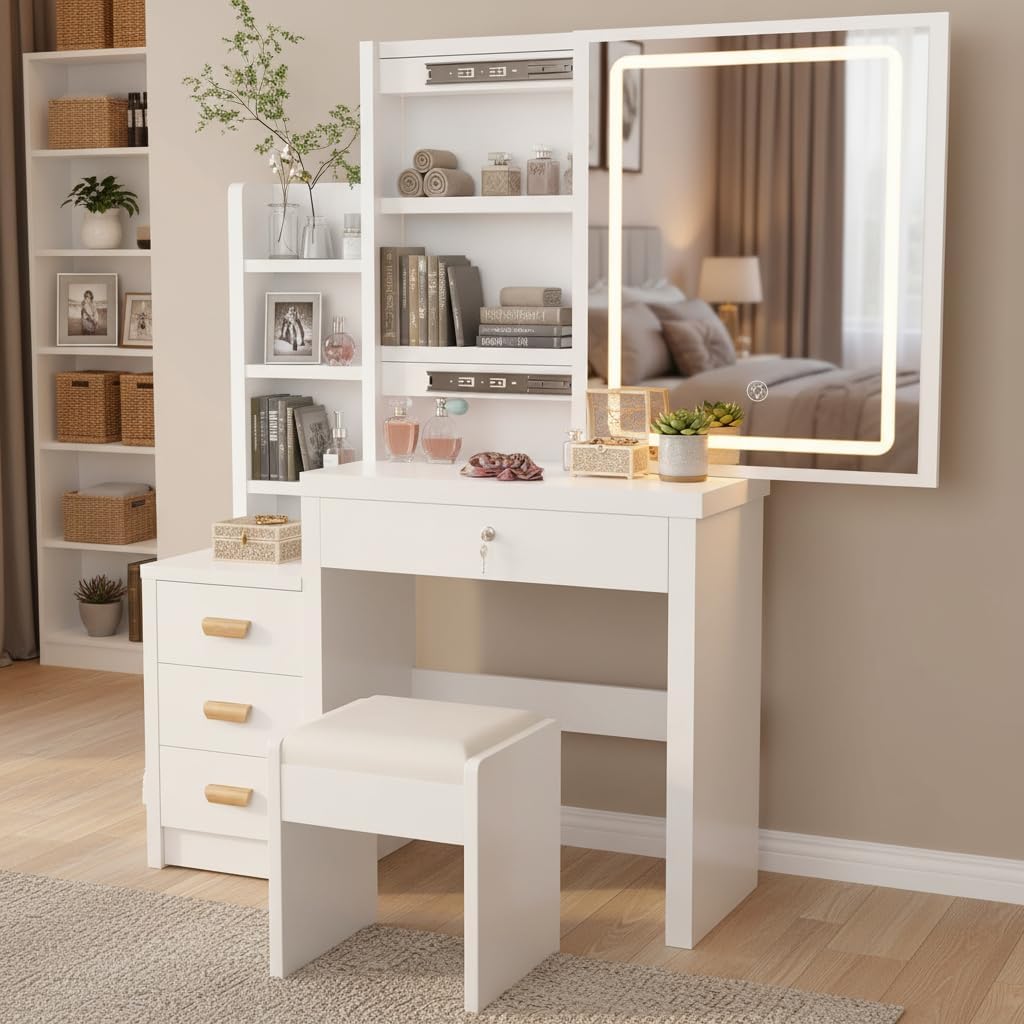Tocador blanco, mesa de cosméticos con espejo y taburete, tocador con iluminación LED, mesa de maquillaje con 4 cajones, conjunto de tocador para dormitorio, 135 * 80 * 36 cm