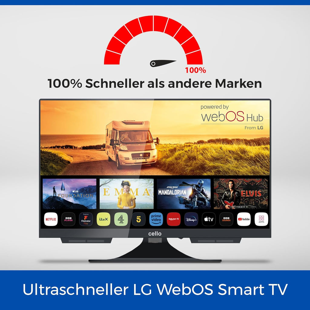 Cello C1924WS Smart TV de 19 pulgadas, 12 V, para autocaravanas y caravanas, televisor de camping con WebOS, Netflix, Bluetooth, triple sintonizador DVB-T2 HD/DVB-S2