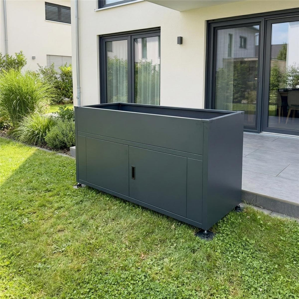 Cama elevada Metzler para jardín con espacio de almacenamiento – Acero con recubrimiento en polvo en color antracita RAL 7016 | Cama de cultivo metálica resistente a la intemperie, huerto, jardinera elevada | 160 x 85 x 50 cm