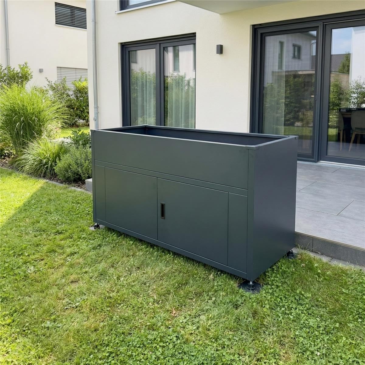 Cama elevada Metzler para jardín con espacio de almacenamiento – Acero con recubrimiento en polvo en color antracita RAL 7016 | Cama de cultivo metálica resistente a la intemperie, huerto, jardinera elevada | 160 x 85 x 50 cm