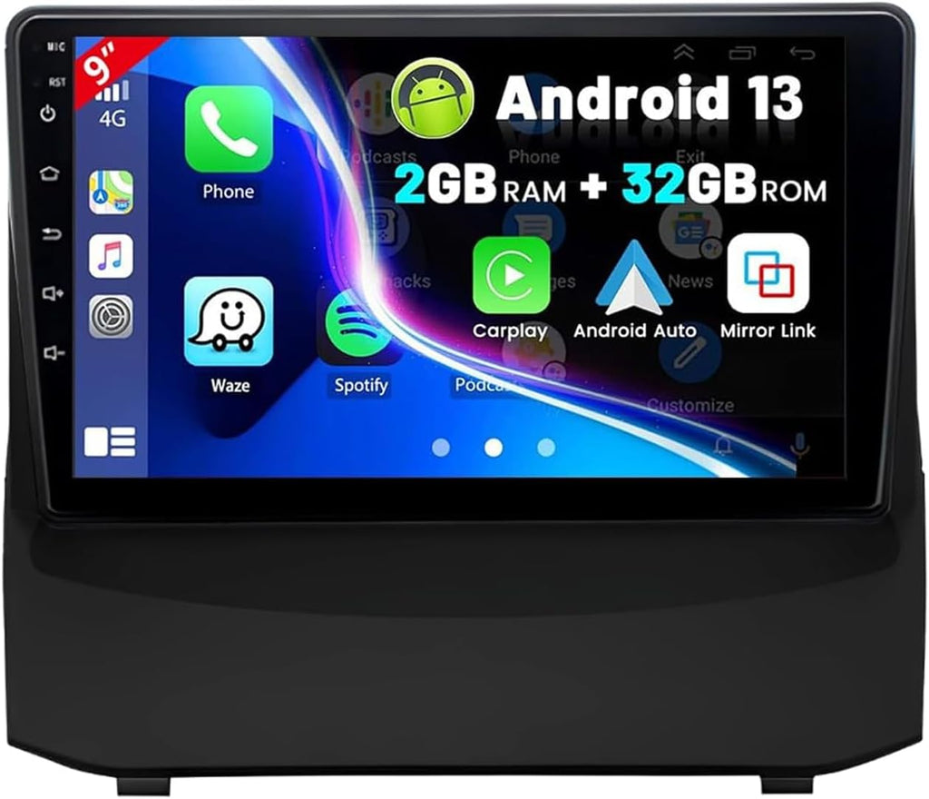 Autorradio Android 13 de 9" con navegación, 2 GB + 32 GB, para Ford Fiesta MK6 2008-2016, compatible con CarPlay inalámbrico y Android Auto, WiFi, Bluetooth 4.0, GPS, DSP, USB