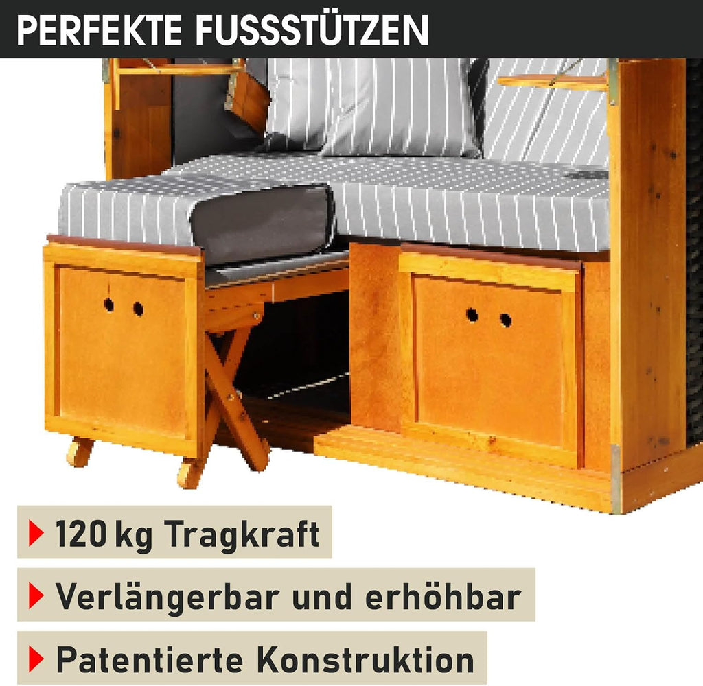 BRAST® Silla de playa Rügen Deluxe | para 2 personas | 120 cm de ancho | 5 diseños | incluye funda protectora resistente a la intemperie | respaldo ajustable y cojín de pies mullido | Antracita/Gris - a rayas