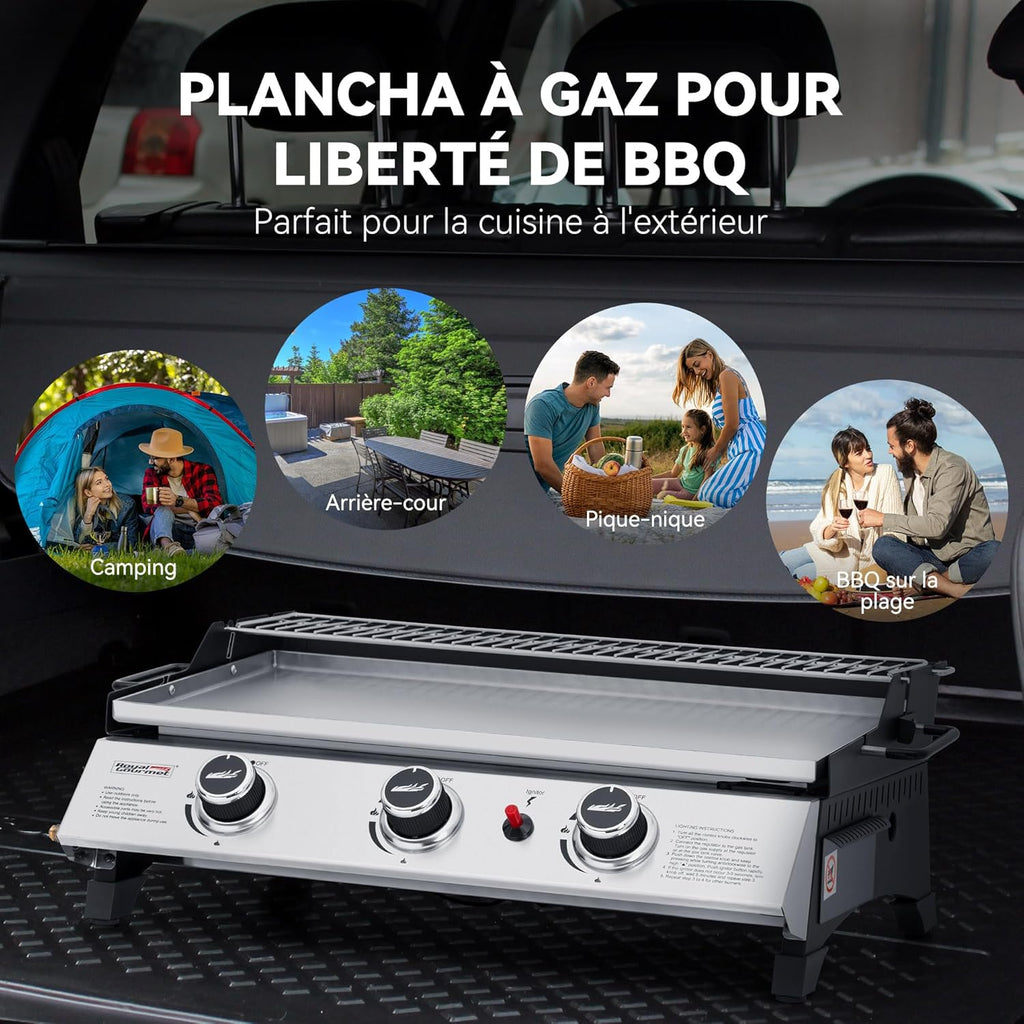 Plancha de gas propano Royal Gourmet de acero inoxidable, 3 quemadores de 7,5 kW, superficie de cocción de 61,5 x 32 cm con rejilla de calentamiento, adecuada para camping y exteriores, plateada