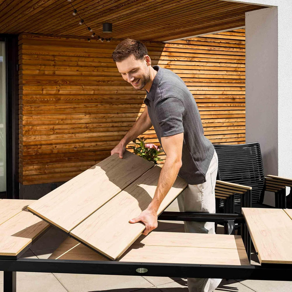 Mesa de jardín extensible Barleta de di volio 200–300 cm de aluminio con efecto madera, mesa resistente a la intemperie para jardín y terraza (beige)
