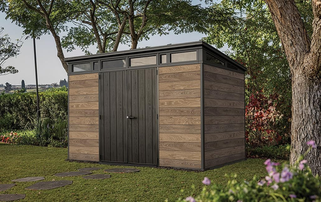 Caseta de jardín Keter Signature 11x7, cobertizo de resina con aspecto de madera, 340x218x226 cm, con cerradura y suelo incluido
