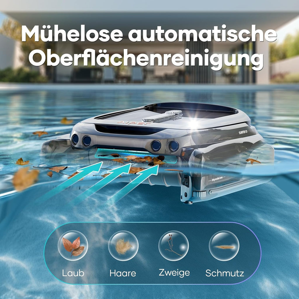 Limpiador de superficie para piscinas AIPER Surfer S1, robot de piscina con batería y energía solar, limpieza de superficie de agua, 20 horas de autonomía, aplicación inteligente, temperatura del agua, ideal para todo tipo de piscinas