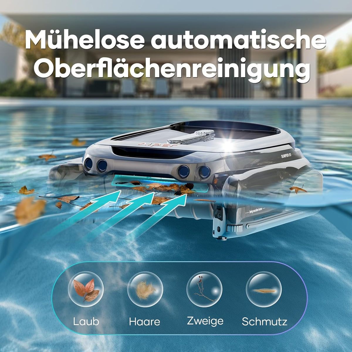 Limpiador de superficie para piscinas AIPER Surfer S1, robot de piscina con batería y energía solar, limpieza de superficie de agua, 20 horas de autonomía, aplicación inteligente, temperatura del agua, ideal para todo tipo de piscinas