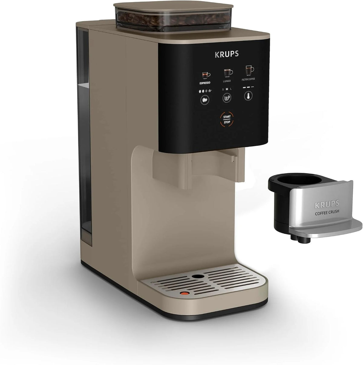 Krups Coffee Crush SA402AE0 Ekspres do kawy ciśnieniowy kolbowy z młynkiem, młynek ze stali nierdzewnej, tylko 15 cm szerokości, inteligentny panel sterowania, ciśnienie 15 barów