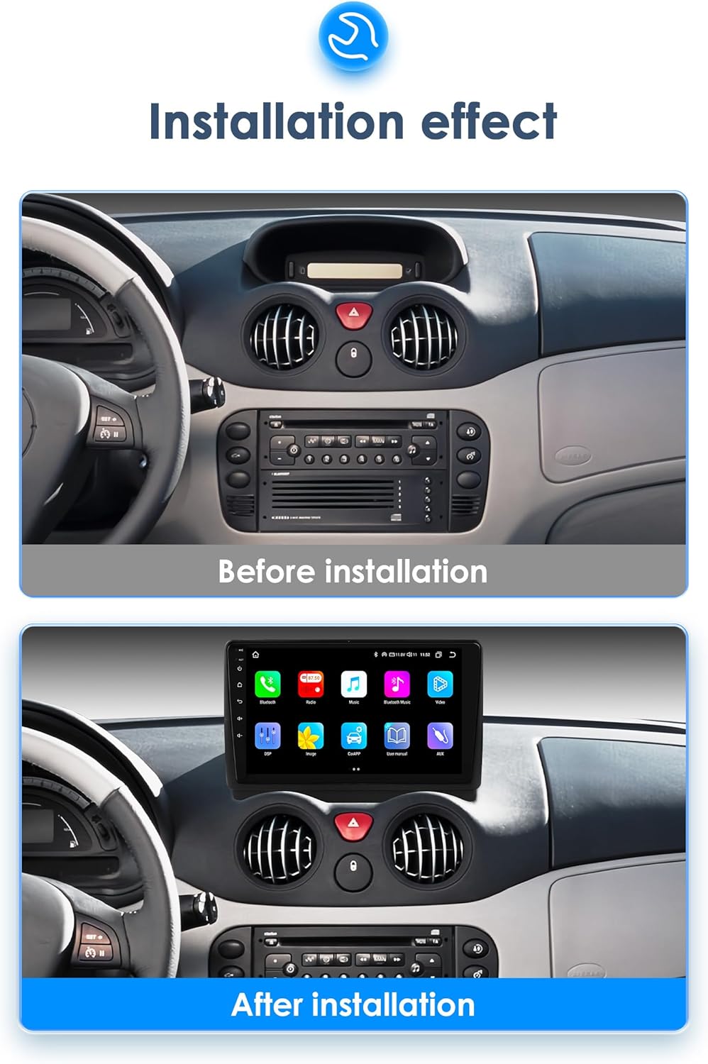 Autorradio Ossuret para Citroën C2/C3 2002-2006, pantalla táctil Android 13 de 9 pulgadas, 2+64 GB, navegación GPS con Carplay, Android Auto, WiFi, Bluetooth y USB