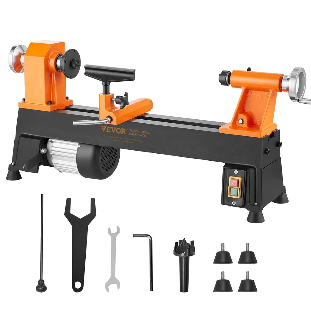 VEVOR Tour à Bois Établi 254x455 mm Tour à Bois Électrique 370 W 0,5 CV 5 Vitesses Réglables 680/1100/1600/2200/3200 tr/min Tige Injection Clés Plaque Patins Outil Rotatif Travail pour Bois Bricolage