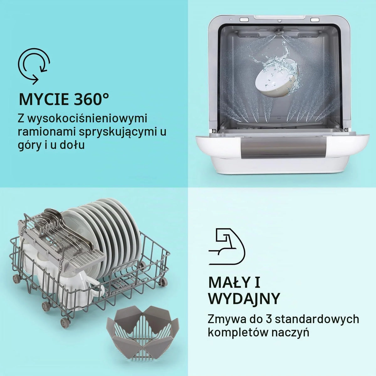 Klarstein Mini zmywarka na 3 komplety, Cicha zmywarka do zabudowy Mała z 7 programami, Mała stołowa do domu, biura i na kemping, Mini z podłączeniem do wody