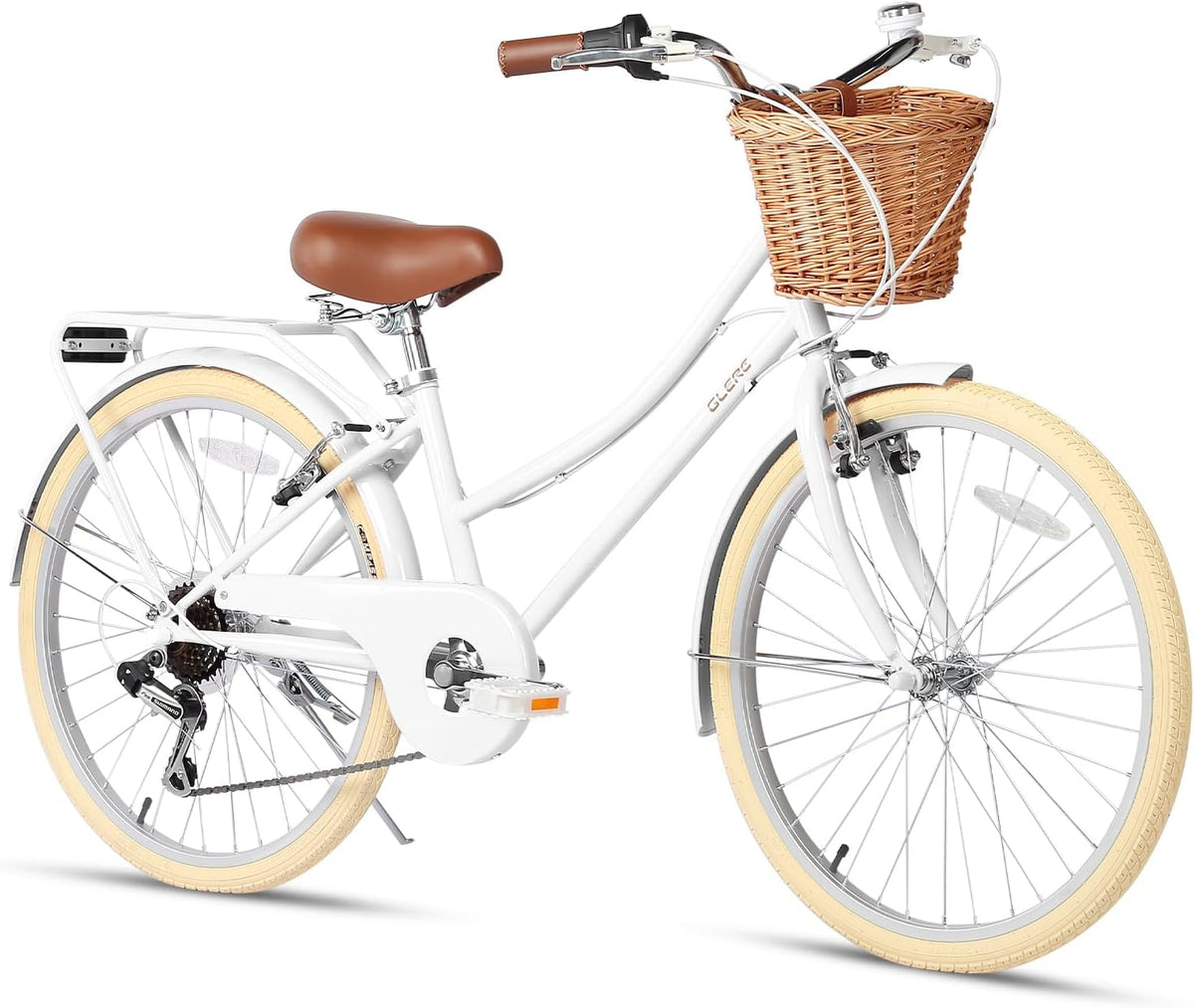 Glerc Missy 20, 24, 26 pulgadas bicicleta híbrida urbana tipo crucero para niñas, de 6 velocidades, con cesta de mimbre, para jóvenes mayores de 6 años, varios colores