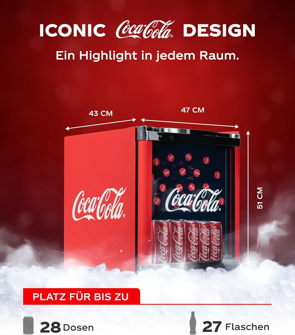 Mininevera Original Coca-Cola °CUBES roja 48L - Mininevera para bebidas con puerta de cristal, silenciosa y eficiente energéticamente - Para oficina, fiestas y gaming - Nevera para botellas - Mininevera para bebidas
