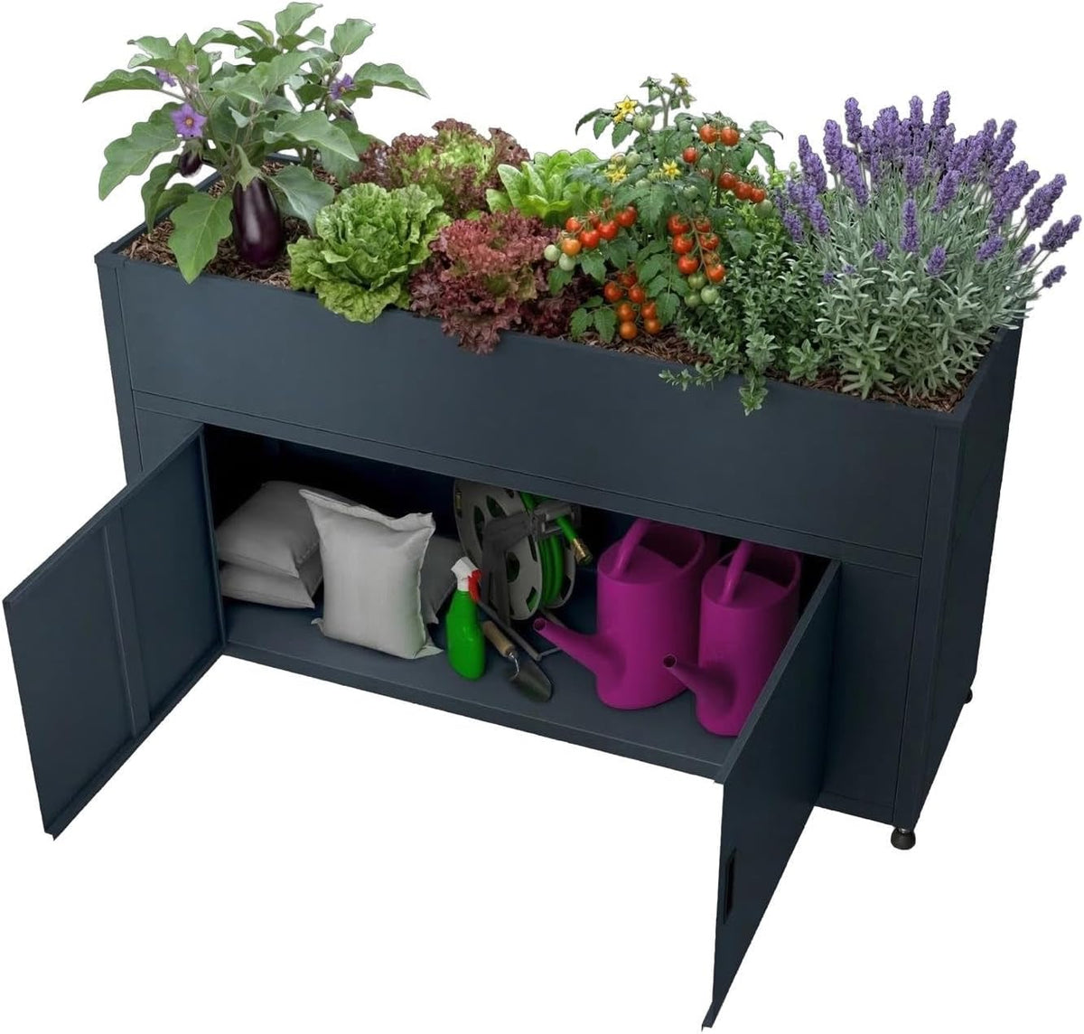Cama elevada Metzler para jardín con espacio de almacenamiento – Acero con recubrimiento en polvo en color antracita RAL 7016 | Cama de cultivo metálica resistente a la intemperie, huerto, jardinera elevada | 160 x 85 x 50 cm