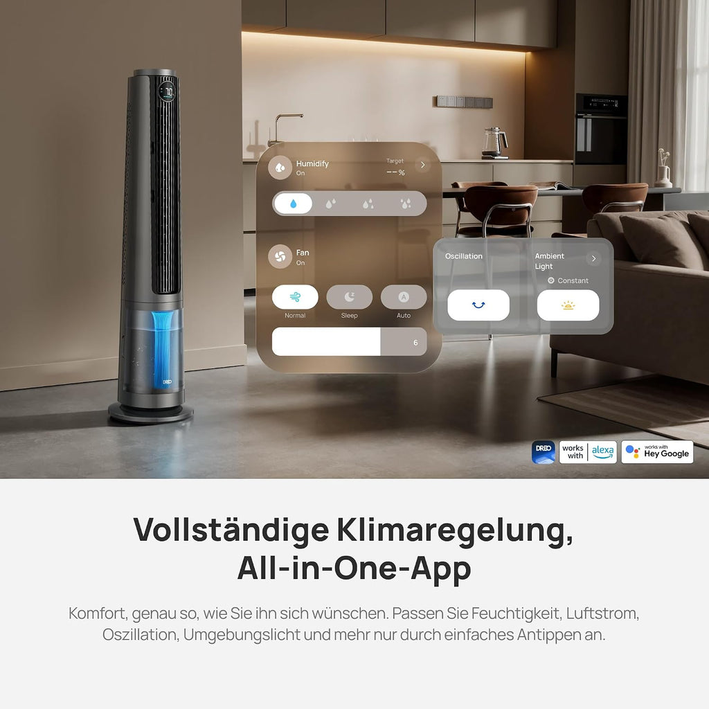 DREO TurboCool ventilador nebulizador 765S, ventilador de torre 3 en 1 con ultrasonido, control por Wi-Fi y aplicación, depósito de 6 L, flujo de aire de 10,4 m/s, motor de CC silencioso de 20 dB, oscilación de 90°, 12 velocidades, 4 modos