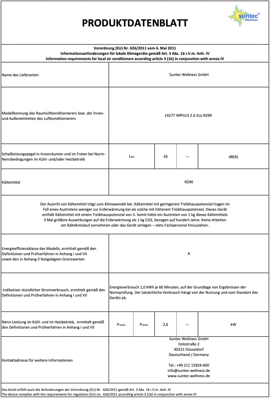 SUNTEC Aire acondicionado portátil Impuls 2.6 Eco R290 – Aire acondicionado móvil y silencioso con tubo de escape – Enfriador y deshumidificador para habitaciones de hasta 34 m² – Refrigeración móvil para hogar y oficina – 9.000 BTU | 2600 vatios