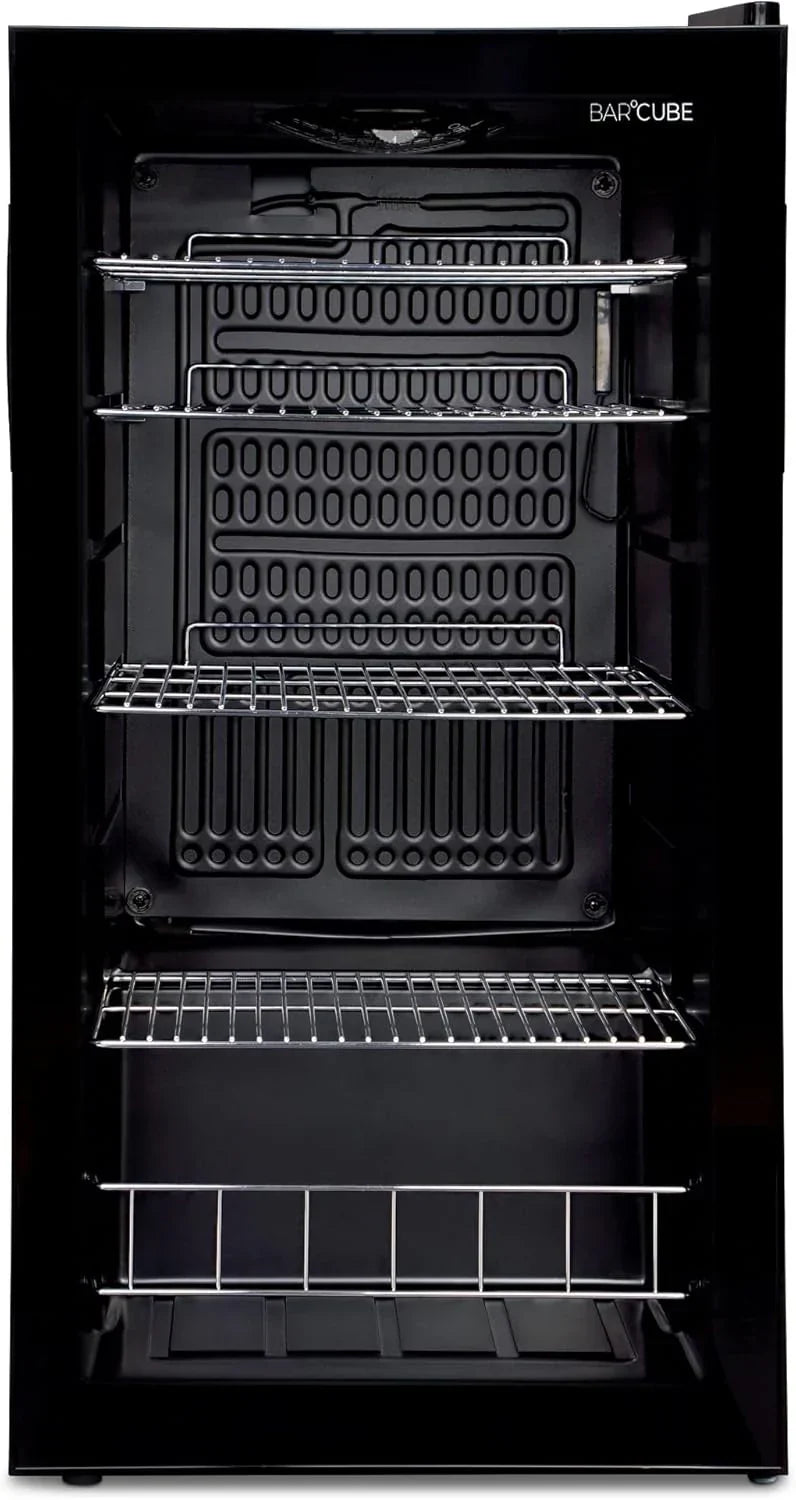 °CUBES Mininevera 90L con puerta de cristal y 4 estantes variables | Nevera compacta para bebidas, perfecta para el hogar, oficina, fiestas y hostelería | Elegante nevera con puerta de cristal, negra