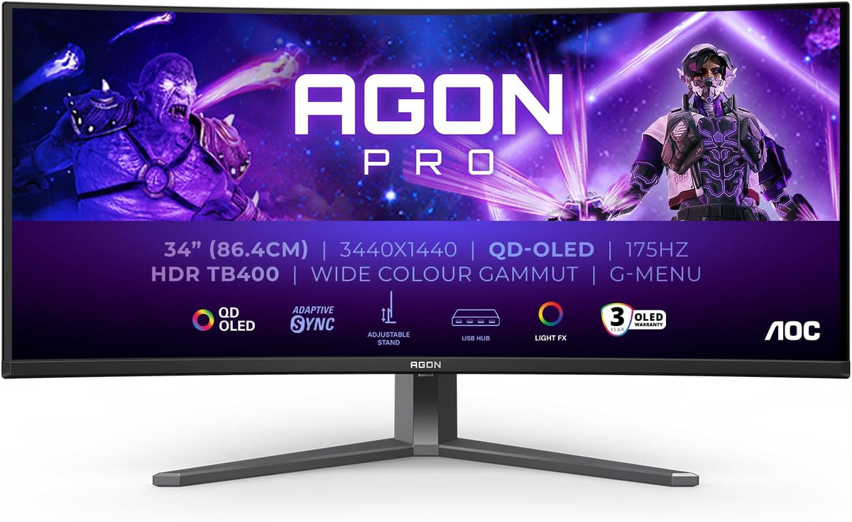 Monitor para juegos curvo AOC Agon Pro AG346UCDAM OLED WQHD de 34 pulgadas, 175 Hz, 0,03 ms, FreeSync Premium Pro, compatible con G-Sync, HDR400 (3440x1440, 2X HDMI, DisplayPort, concentrador USB), negro