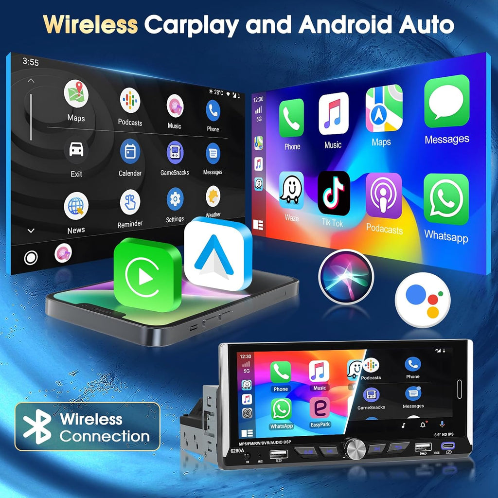 Autoradio Android 15 Motorsi con Apple CarPlay, pantalla táctil IPS de 6.9 pulgadas 1280P, 1 DIN, 4 núcleos, 2+64 GB, Bluetooth, GPS, DSP, Android Auto, WiFi, radio FM/RDS, cámara de reversa AHD y micrófono.