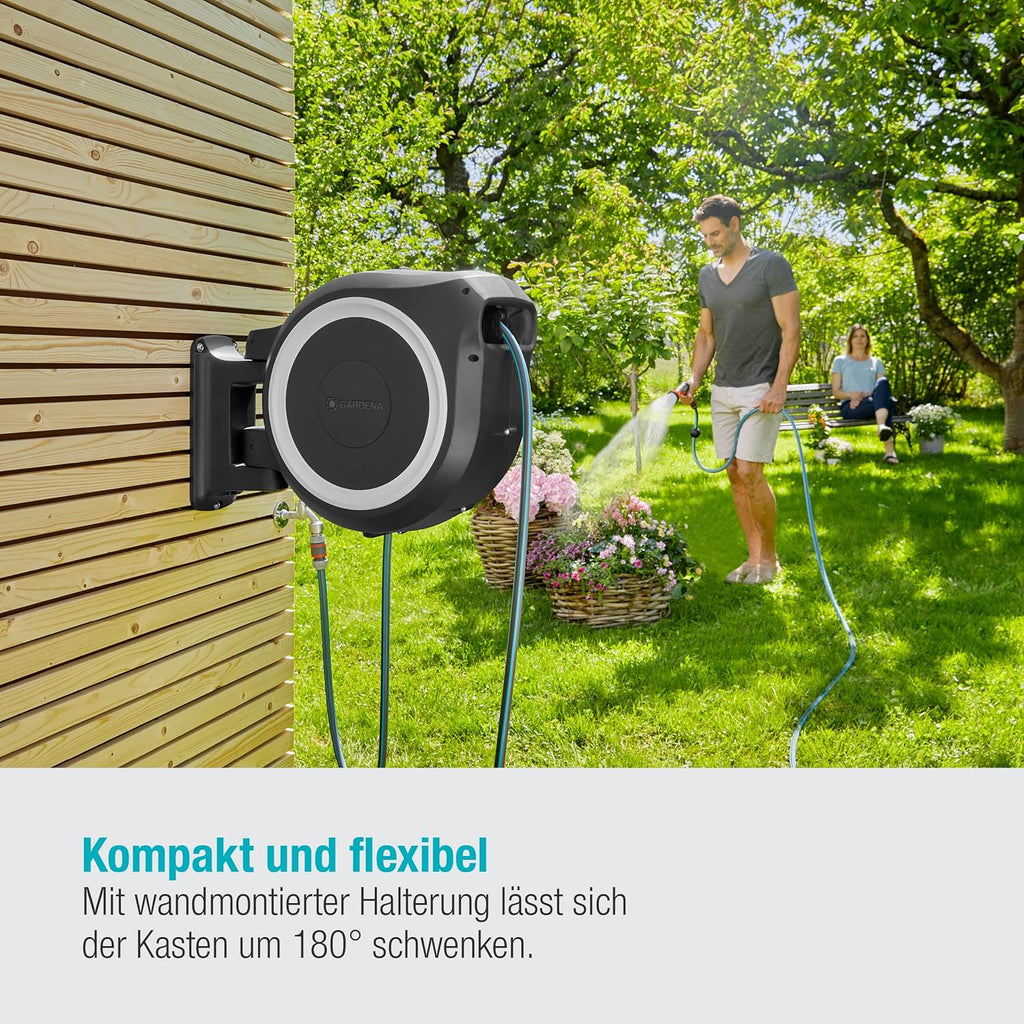 Caja portamanguera de pared Gardena RollUp XL 35 m, exclusiva para Amazon: riego flexible para jardines grandes, caja portamanguera giratoria, incluye manguera de calidad de 35 m con lanza y boquilla de limpieza (18632-60)