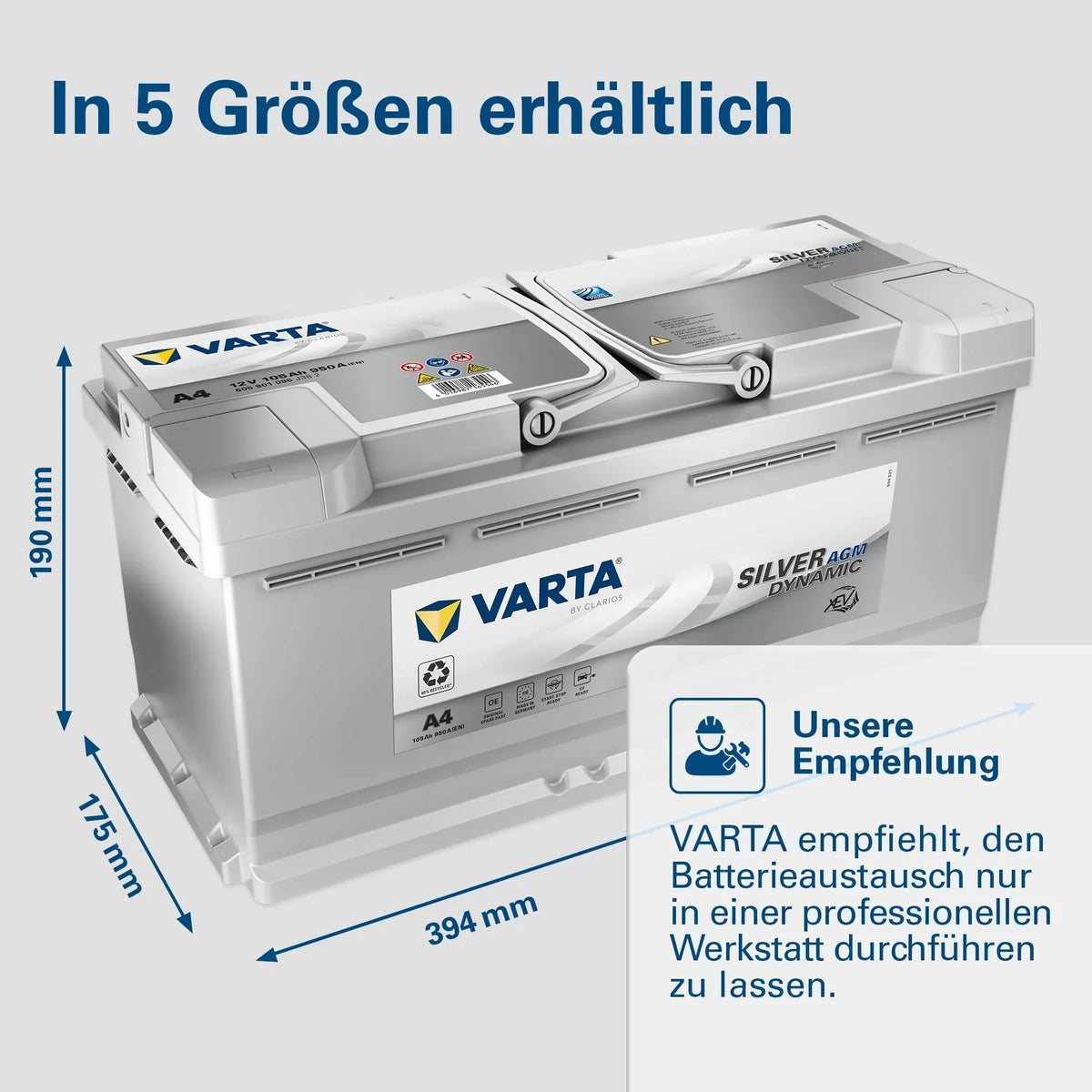 Batería VARTA Silver Dynamic AGM A4 Start-Stop xEV 12V 105Ah 950A, batería de arranque para coches con altas necesidades energéticas