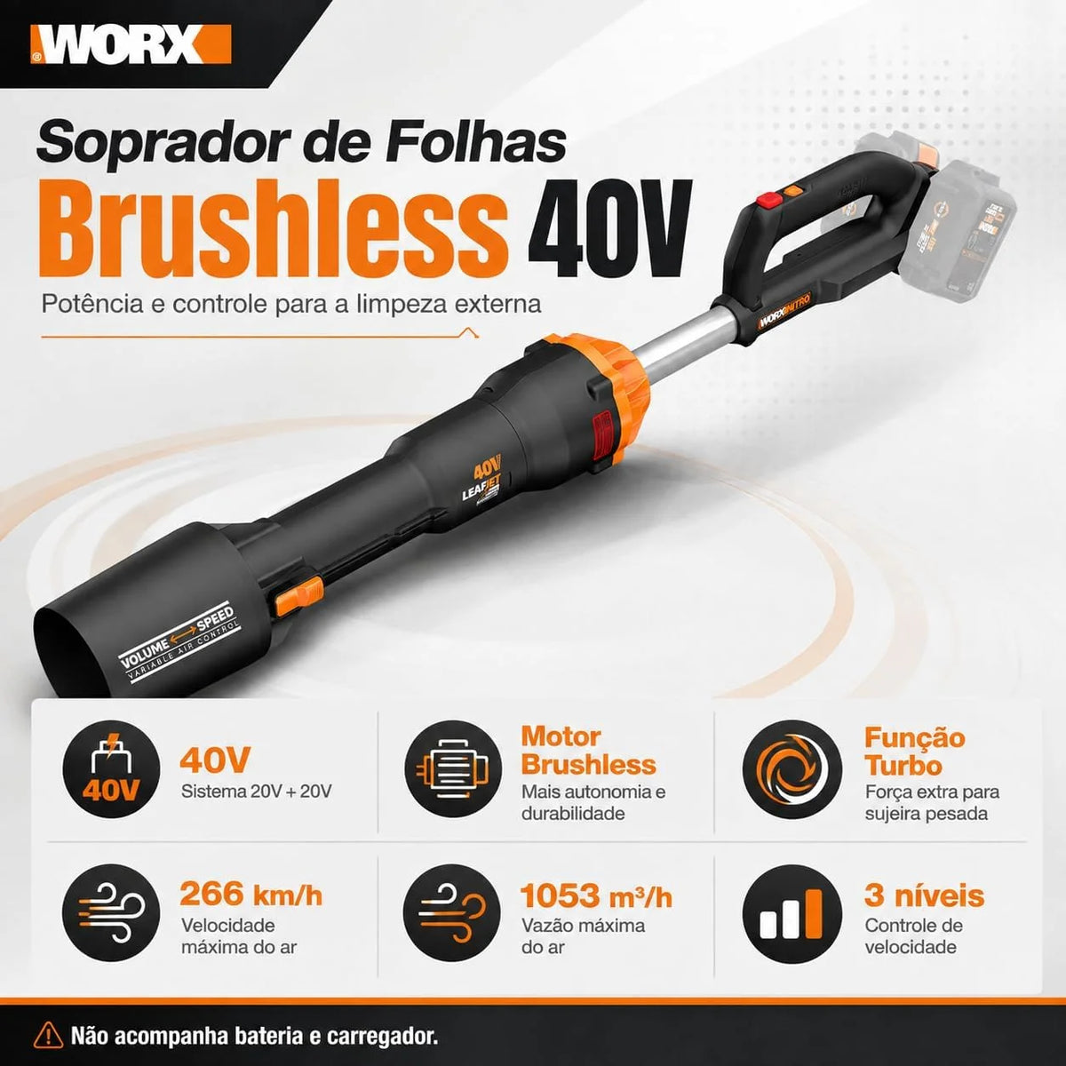 WORX Akumulatorowa dmuchawa do liści 40 V Leafjet WG585E.9 bez akumulatora i ładowarki, czarny/pomarańcozwy