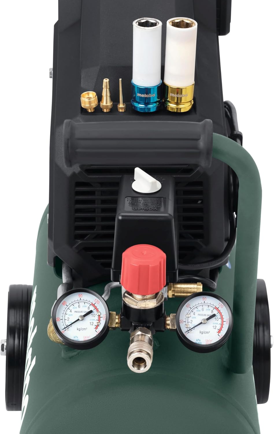 Compresor Metabo Basic 250-24 OF - 120 l/min de capacidad de llenado, 24 l de capacidad de depósito, compresor de aire comprimido móvil de 8 bar, 240 l/min de capacidad de aspiración, 1,5 kW - bajo mantenimiento y sin aceite, para taller y bricolaje