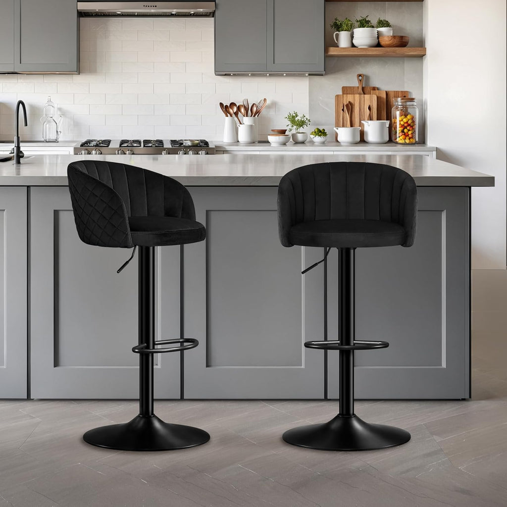 STOOLINK Juego de 2 taburetes de bar, regulables en altura, de tela de terciopelo, giratorios 360°, con respaldo y reposabrazos, para cocina, comedor, café, bistró - Negro