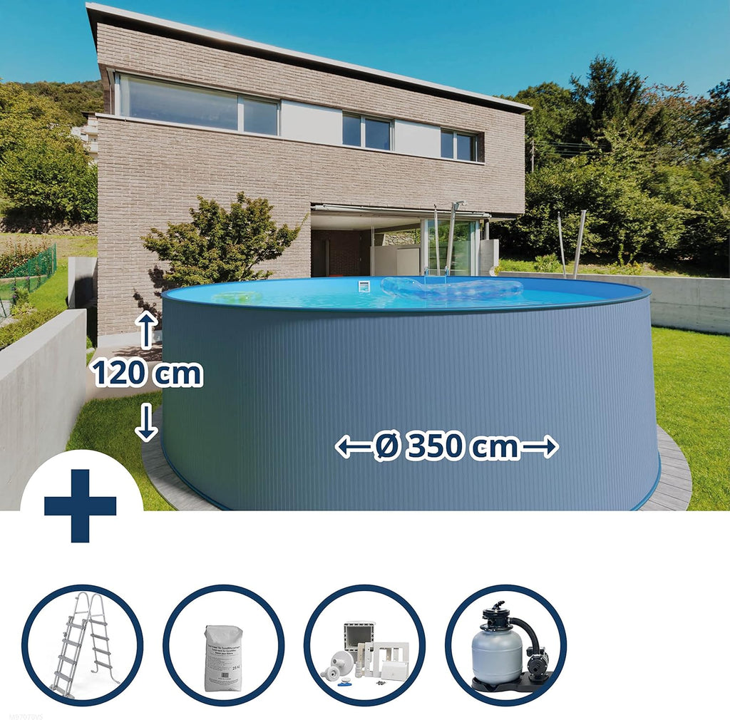 Set de piscina de pared de acero Planet Pool (5 piezas) redondo 350x120 cm, acero 0,4 mm antracita, lámina 0,4 mm azul, solapa de sujeción