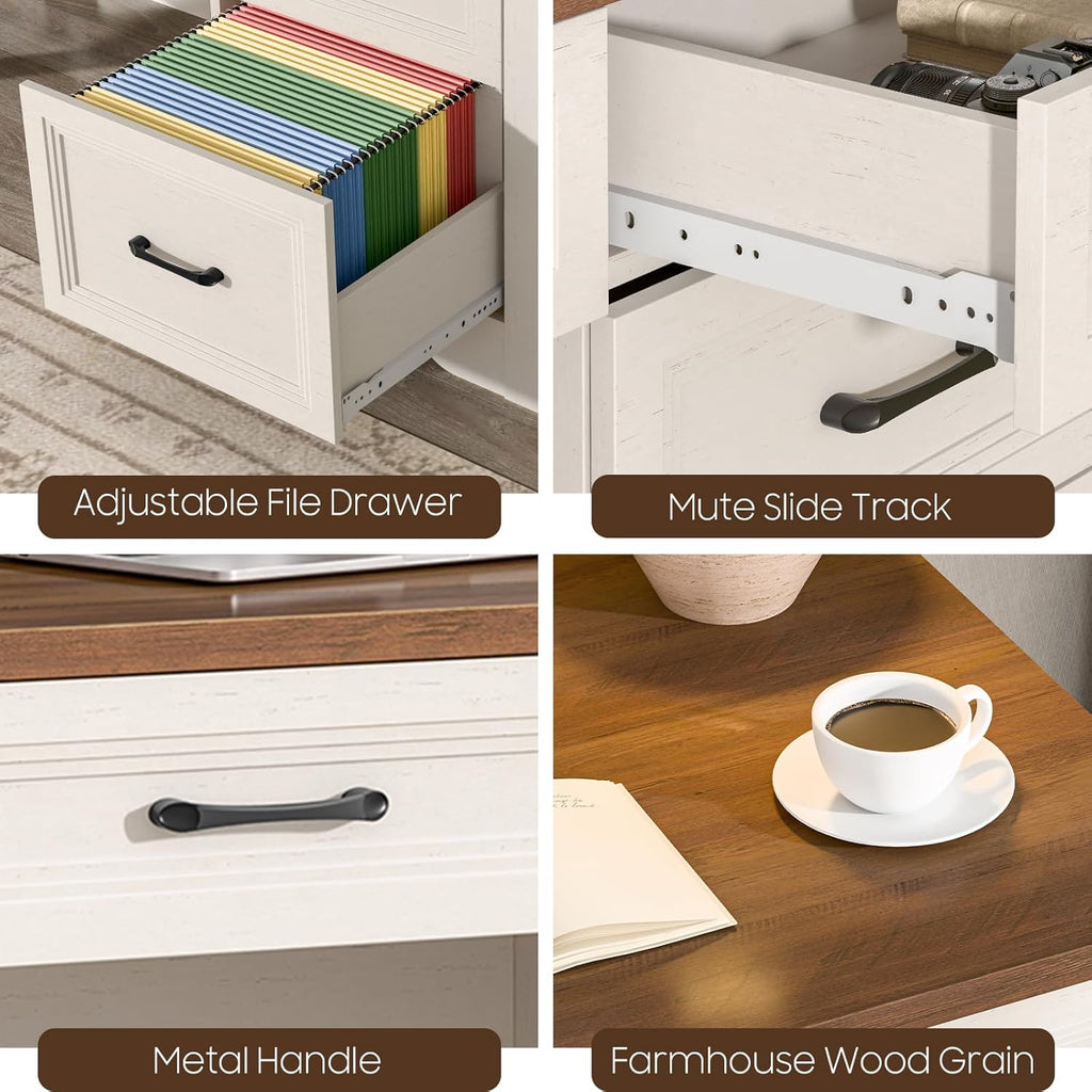 Escritorio BonVache con cajones de 120 cm, escritorio para computadora estilo granja con espacio de almacenamiento, mesa de oficina rústica de madera para oficina en casa, dormitorio y estudio, blanco