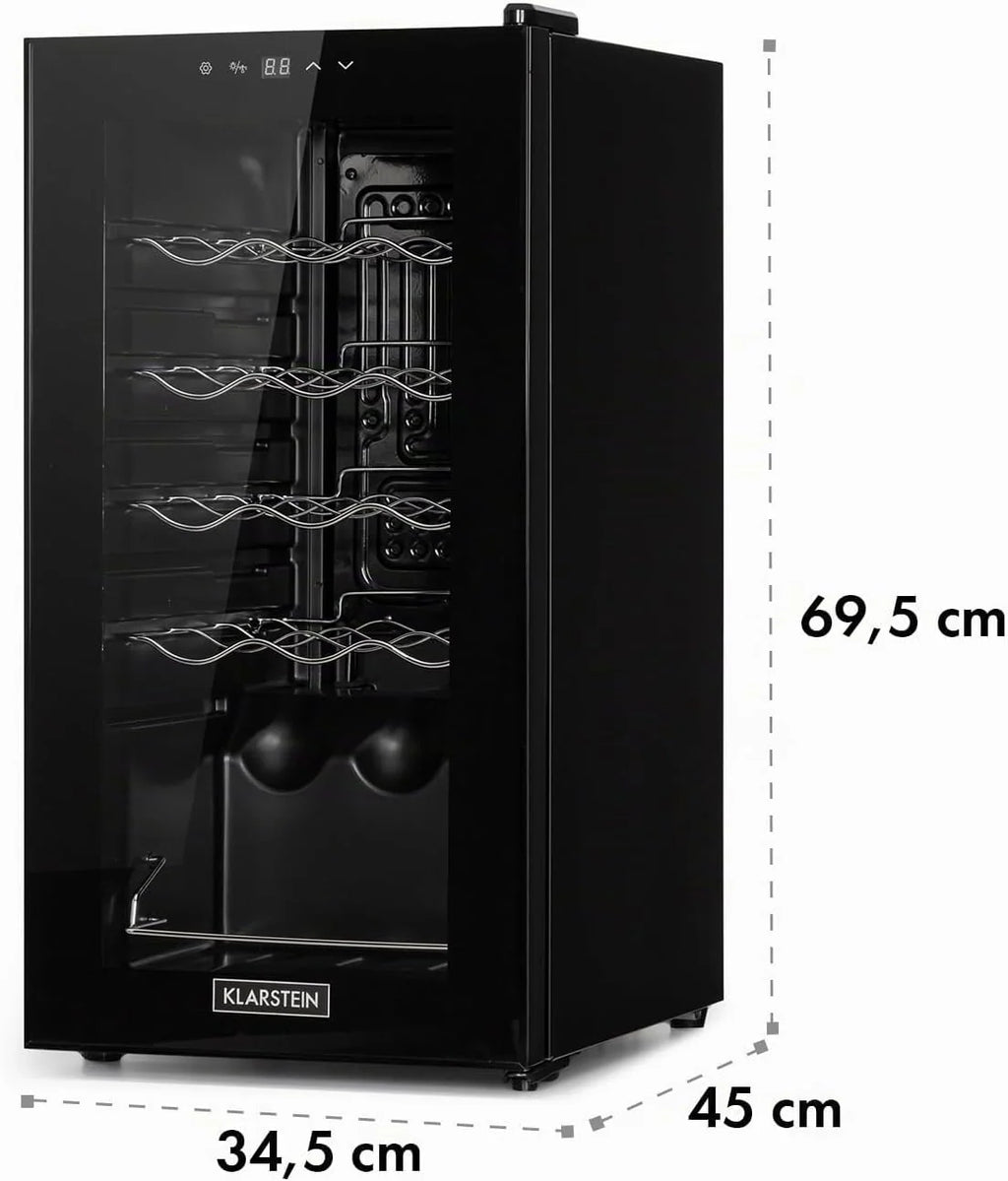 Klarstein Shiraz, chłodziarka do wina - mini lodówka, lodówka do wina, winiarka, kompaktowa chłodziarka na wino, przejrzysty dotykowy panel, led oświetlenie wnętrza, kolor czarny, wariant: 44l, 15 butelek
