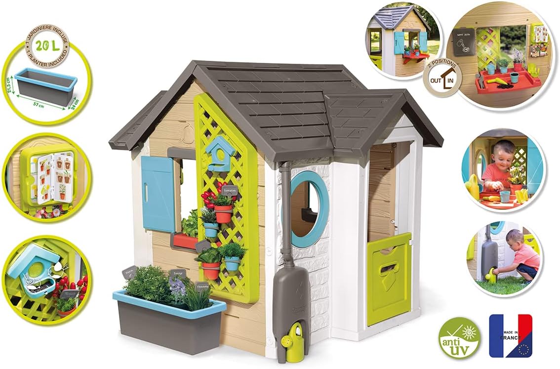 Smoby Life Garden House - Casa de Jardín Infantil - Incluye Jardinera, Comedero para Pájaros, Herramientas y Accesorios - Protección UV - Material Reciclado - más de 2 años (7600810408)