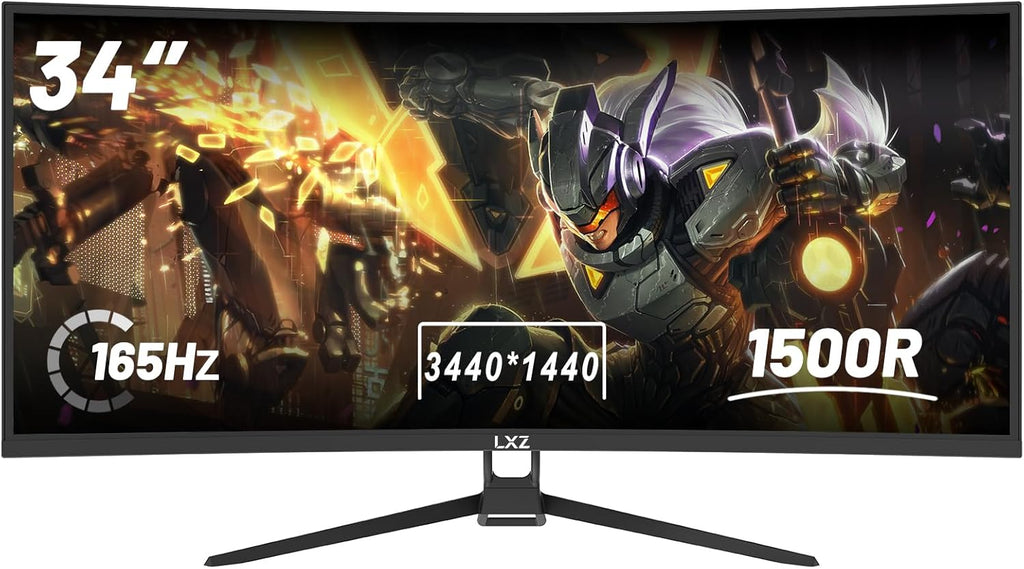 Monitor Curvo LXZ de 34 pulgadas, 165Hz, 1500R, WQHD, pantalla sin bordes, 98% sRGB, ángulo de visión de 178°, puerto de pantalla HDMI - Negro