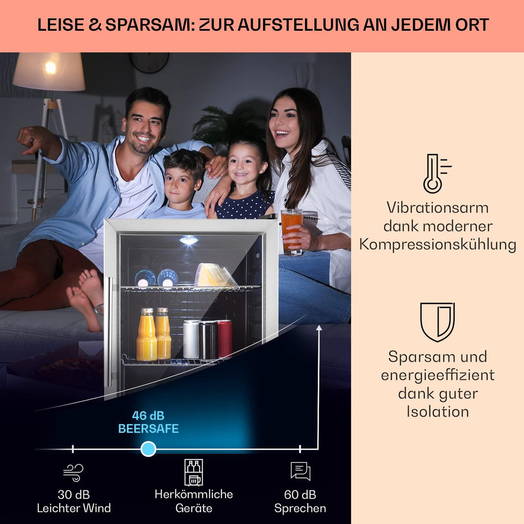 Mininevera Klarstein con puerta de cristal para habitaciones, refrigerador de bebidas con estantes ajustables, pequeño de 80 litros, frigorífico silencioso para interiores/exteriores