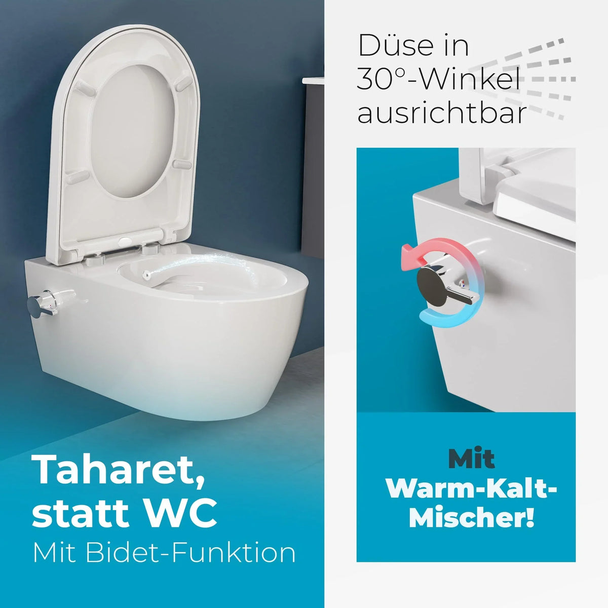 Inodoro con bidet suspendido SSWW sin reborde, 52 cm, boquilla de acero inoxidable, asiento de duroplast con cierre suave, revestimiento nano, agua fría y caliente