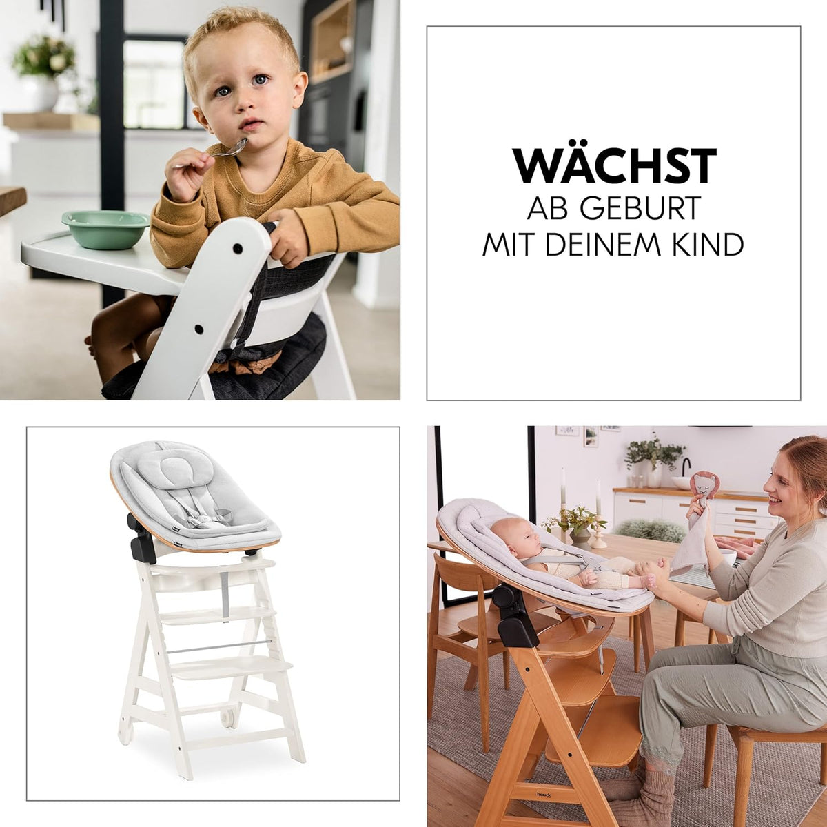 Hauck Trona Beta+ Newborn Set Eco Bouncer - Trona de madera evolutiva para bebés desde el nacimiento, incluye accesorio para recién nacidos, cojín de asiento y bandeja - Gris oscuro