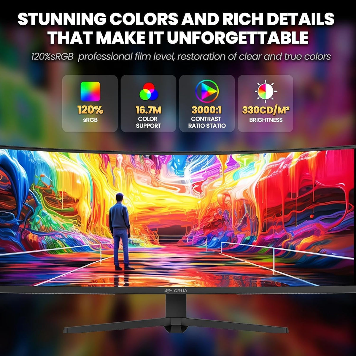 Monitor Gaming Curvo CRUA de 49" Ultra-Wide 32:10 DFHD 3840x1080, 165Hz/144Hz, 1500R, AMD FreeSync, 120% sRGB, HDR10, Ajustable en Altura, HDMI 2.0 * 2 y DP * 2, Montaje en Pared – Negro
